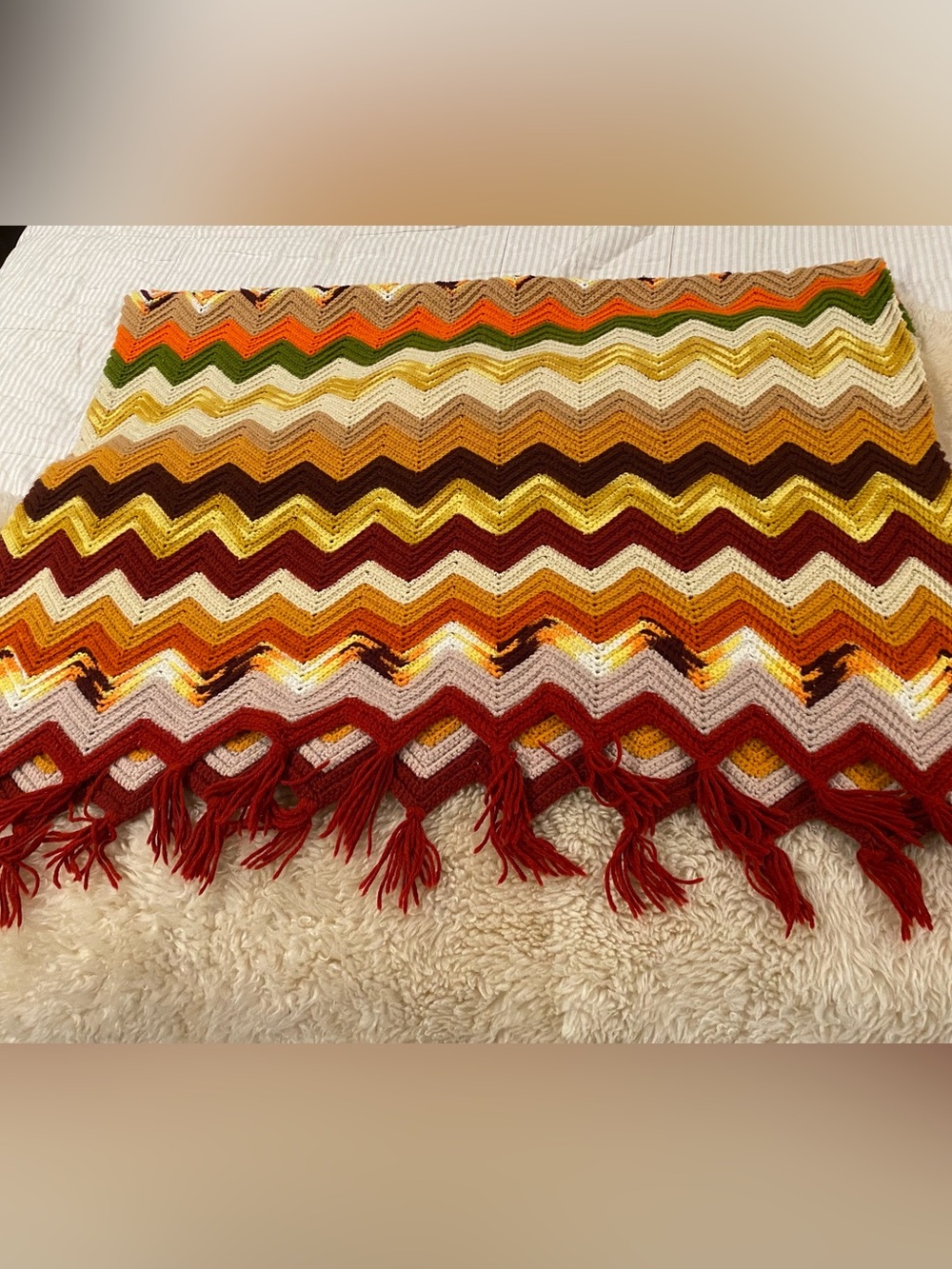 Vintage Handmade Chevron Fringe Throw Blanket in Red, Brown, Yellow, Green